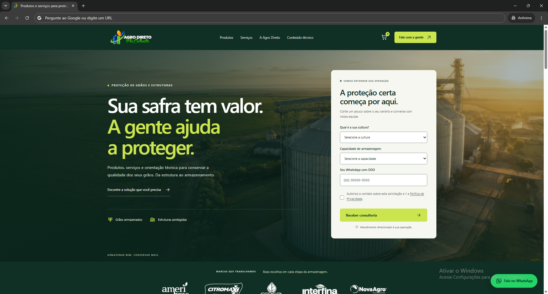 Print da home do site da Agro Direto