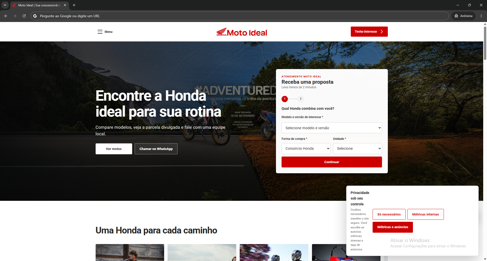 Print da home do site da Honda Moto Ideal